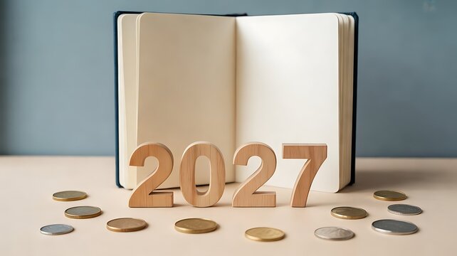 Wooden 2027 numbers in front of an open notebook with scattered coins symbolizing financial planning and future goals for the new year