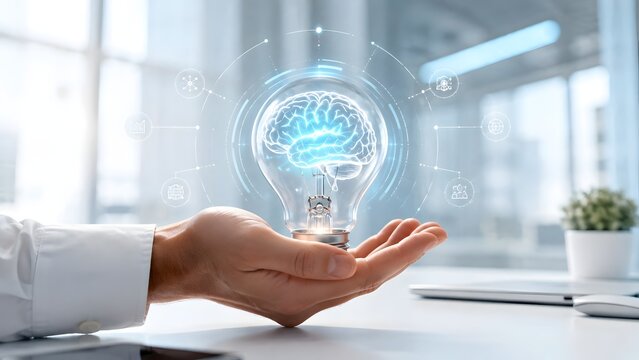 Close up of a hand holding a glowing digital lightbulb with a brain inside surrounded by floating business icons representing brilliant leadership and innovative corporate strategy