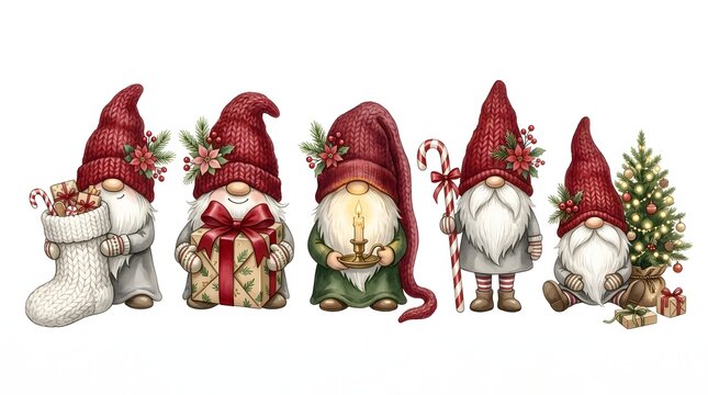 Cute Christmas Gnome Character Collection with Santa Hats, Gifts, Candy Cane and Winter Tree Decorations