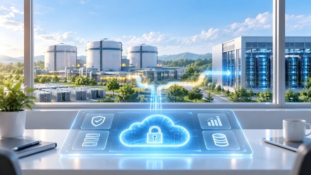 Transparent digital tablet showing cloud security icons on an office desk overlooking a modern power plant and data center representing secure industrial network infrastructure and cloud computing