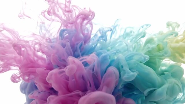 Pink and blue ink clouds bloom, swirl, and diffuse through water. Abstract fluid motion creates a colorful plume for science and creative backgrounds.