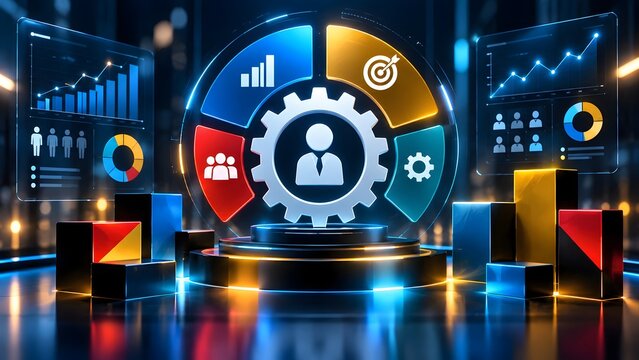 Glowing digital business dashboard with a central gear and user icon surrounded by colorful charts representing human resources customer relationship management and data analytics