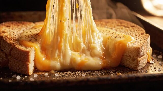 Melty grilled cheese sandwich pulling apart with gooey yellow cheddar cheese strings in warm dramatic lighting