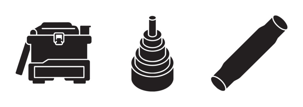 Industrial Equipment Icons: Vacuum Cleaner, Stacked Rings, Hose Connector. Black Silhouette Graphics for Manufacturing, Cleaning, and Engineering.