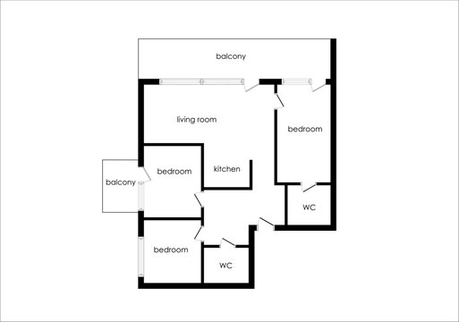 Floor plans of a house, modern cottage. Black and White architectural plan of a flat. Layout of the apartments without furniture in drawing view. Architectural CAD drawing. Blueprint Project layout