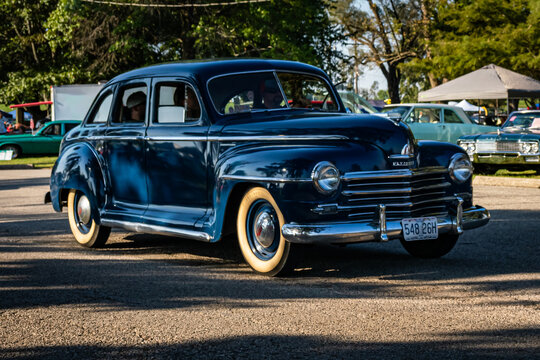 1947 Plymouth Special Deluxe navy blue four-door sedan