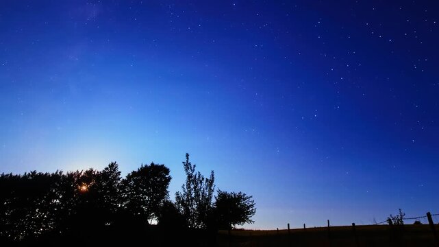 Constellations, Moonlight and Milky Way stars on a dark countryside skies. Time-lapse video.