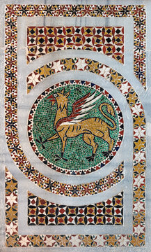 Ravello - The detail of medieval mosaic from pulpit (Winged Lion) - Ambone del Vangelo in the Cathedral by Nicola di Bartolomeo da Foggia (1272)
