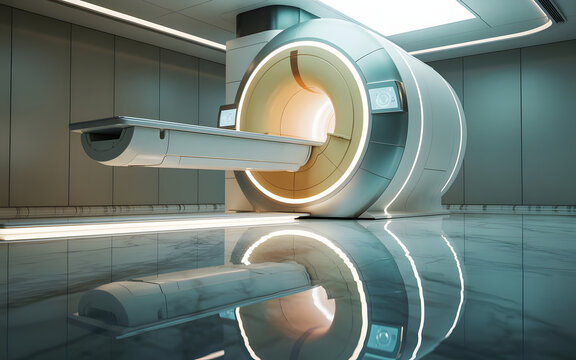 Cinematic Side Angle of Advanced MRI Machine with Sleek White Exterior and Blue Glowing Circular Bore, Reflective Hospital Floor, Ambient Lighting and Futuristic Modern Medical Facility Interior