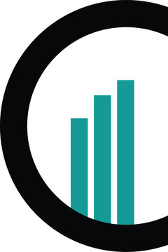 Minimalist logo design featuring three vertical teal bars of increasing height enclosed within a thick black circular frame, vector illustration