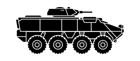 Obraz premium Black silhouette icon of a military armored personnel carrier vehicle with large wheels and a rotating turret side view illustration isolated on transparent background, Vector