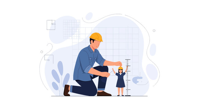 Construction worker measuring small person's height on a measuring scale, business growth concept