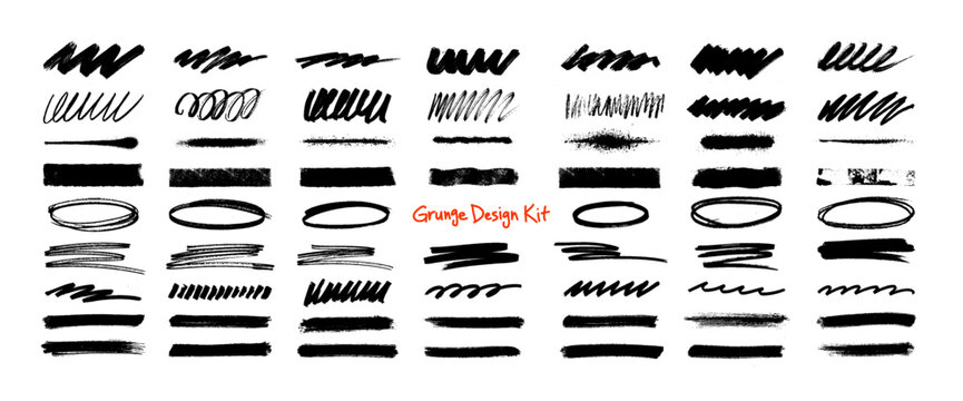 Set of bold dried brush strokes, textured paint smears, scribbles and zigzag underlines. Brush strokes and scribbles collection - underlines and oval frames. Vector marker lines, artistic design set