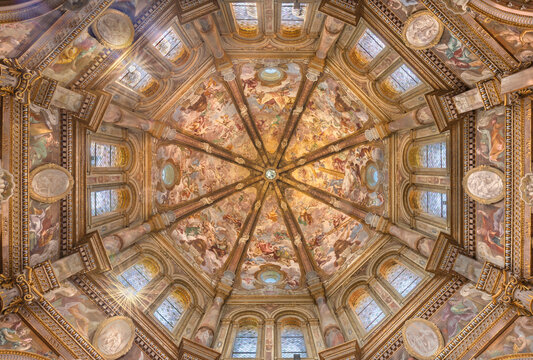 Crema - The fresco of angels with the Crucifixion instruments in cupola of the church Santuario di Santa Maria della Croce by  Giacomo Parravicino (1702).