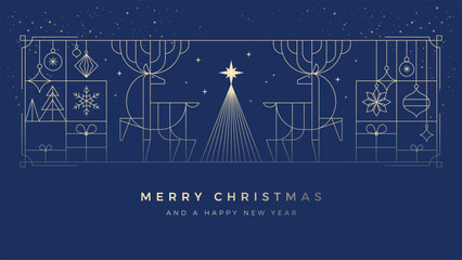 Naklejka na ściany i meble Christmas corporate greeting card with elegant gold reindeer, Christmas tree, gifts, and geometric ornaments on dark blue background. Luxury business holiday vector with art deco design elements