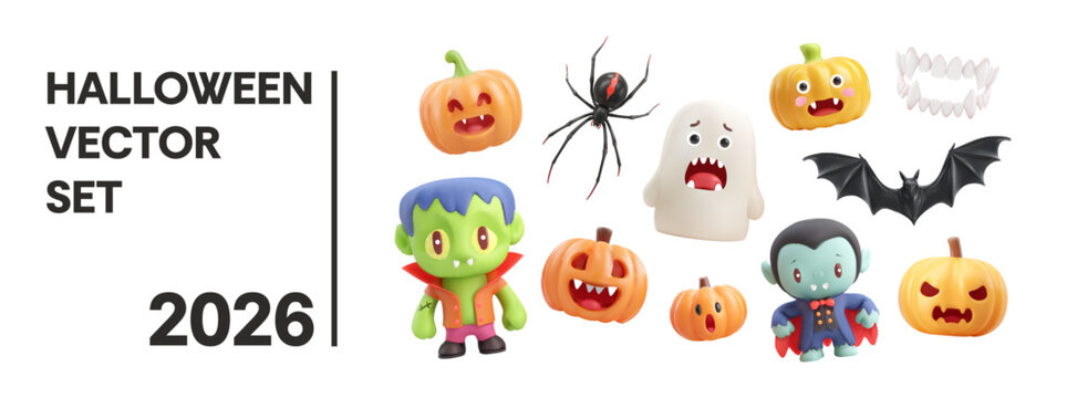 Vector Halloween set with different characters isolated on white background.