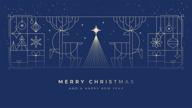 Christmas corporate greeting card with elegant gold reindeer, Christmas tree, gifts, and geometric ornaments on dark blue background. Luxury business holiday vector with art deco design elements