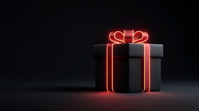 Elegant black textured gift box featuring vibrant glowing red neon ribbon and bow against dark studio background