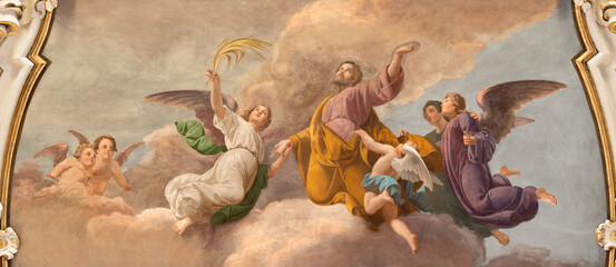 Fototapeta premium Crema - The detail of fresco of Apotheosis of st. James the Great the church Chiesa di San Giacomo Maggiore by Eugenio Giuseppe Conti (1884).