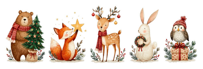 Obraz premium PNG Watercolor woodland Christmas animals with festive decorations