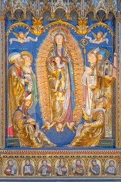 Bergamo - The detail of carved polychrome altar  of Immaculate Conception in the church Chiesa di Santa Agata by Jacopino Scipioni (1470 &ndash; 1532)