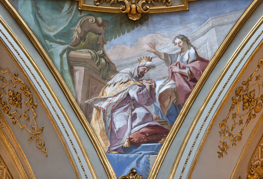 Bergamo -  The fresco of prophet Danel - presented before King Nebuchadnezzar (cupola) in Douomo - Cattedrale di Sant Alessandro by Francesco Coghetti (1802 &ndash; 1875)