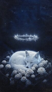 White fox sleeping among white roses under glowing crown of thorns