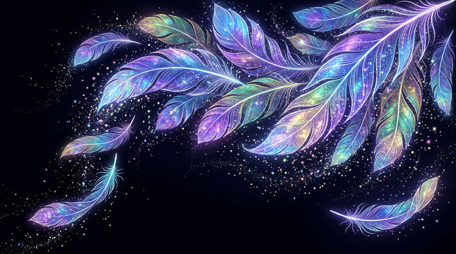Glowing iridescent feathers float gracefully in this artistic photograph featuring vibrant colors and magical light particles