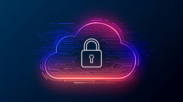 Glowing cloud icon paired with a padlock symbol surrounded by vibrant circuits, modern cybersecurity technology concept, with copy space