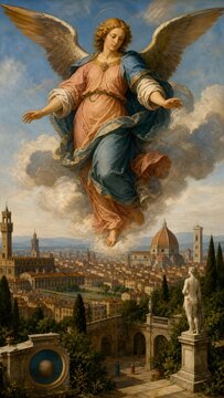 Classical angel descending over Renaissance city with cathedral and statues