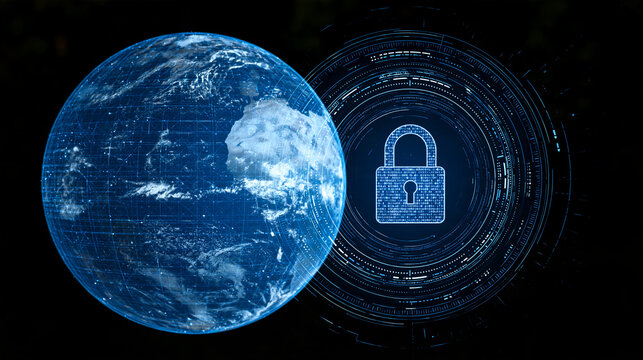 Digital hologram of planet earth alongside a cybersecurity lock icon surrounded by technology symbols, global data protection concept, with copy space