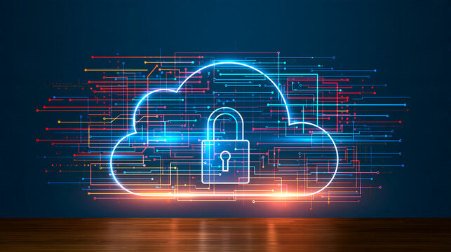 Glowing cloud icon paired with a padlock symbol surrounded by vibrant circuits, modern cybersecurity technology concept, with copy space