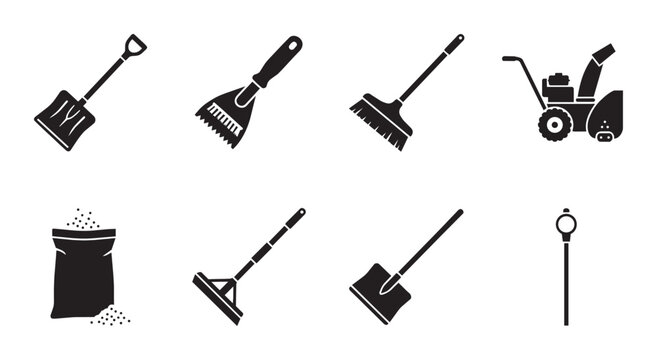 Winter Snow Removal Tools Vector Icons Set: Shovels, Snow Blower, Ice Scraper, Broom, Salt Bag, and Snow Pusher for Seasonal Cleanup and Winter Maintenance Graphics