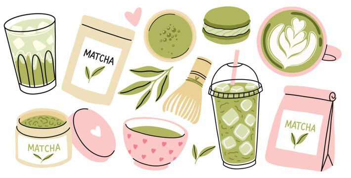 Collection of green matcha elements including iced latte, powder, whisk, macaron, tea cup, jar, packaging, and tea leaves isolated on white.