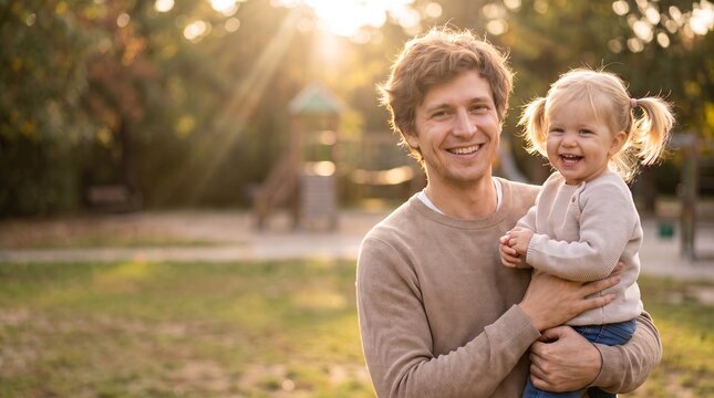Joyful young father holding his little daughter at a playground, warm sunlight, beautiful sunlit effects, happy family bonding, love, and childhood