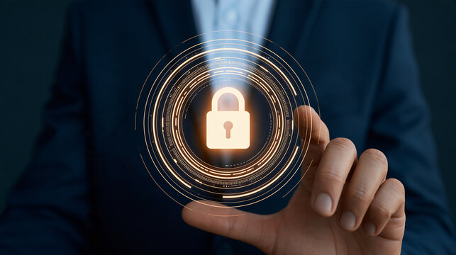 Close-up of a hand interacting with a futuristic cybersecurity interface featuring a glowing padlock icon, with copy space