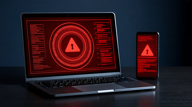 Cybersecurity threat warning displayed on a laptop and mobile phone screen, data protection awareness concept, with copy space