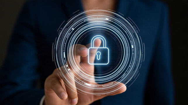 Close-up of a hand interacting with a futuristic cybersecurity interface featuring a glowing padlock icon, with copy space