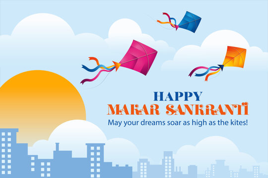 Colorful kites fly above a city skyline at sunrise in a Happy Makar Sankranti greeting. Ideal for festival cards, banners, and social media posts.