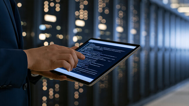 Engineer holding a tablet while programming inside a dark modern high-tech office, data transfer and server operations concept, with copy space