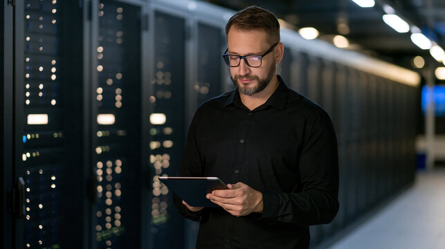 Engineer holding a tablet while programming inside a dark modern high-tech office, data transfer and server operations concept, with copy space