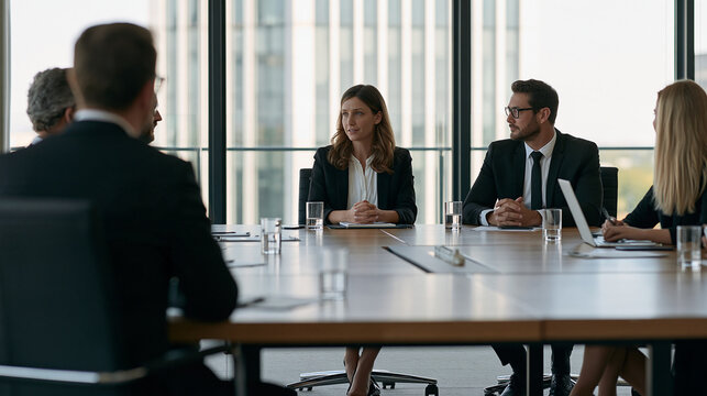 Team of cybersecurity professionals discussing a network vulnerability assessment around a conference table, with copy space