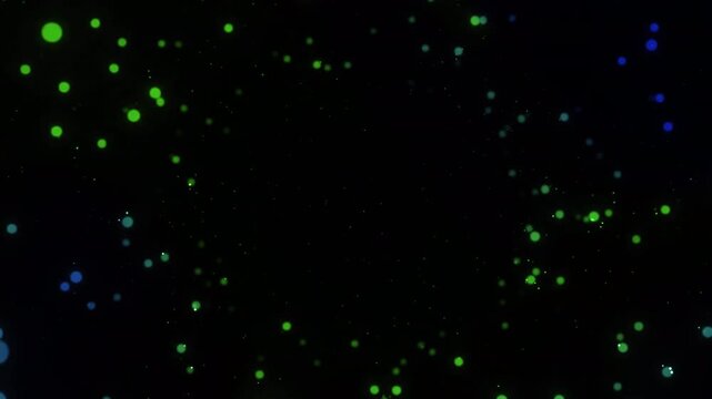 Bright green and blue glowing bokeh particles on a black background, perfect for digital art projects and abstract designs. Suitable for backgrounds or graphic designs needing a modern touch.