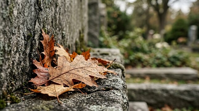 Fallen autumn oak leaves gently rest on a weathered, moss-covered stone monument in a peaceful cemetery, evoking a somber sense of remembrance and the quiet beauty of the changing seasons