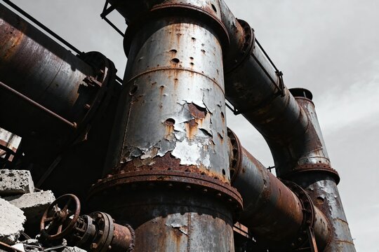 Rusty industrial pipes and machinery in an abandoned factory setting