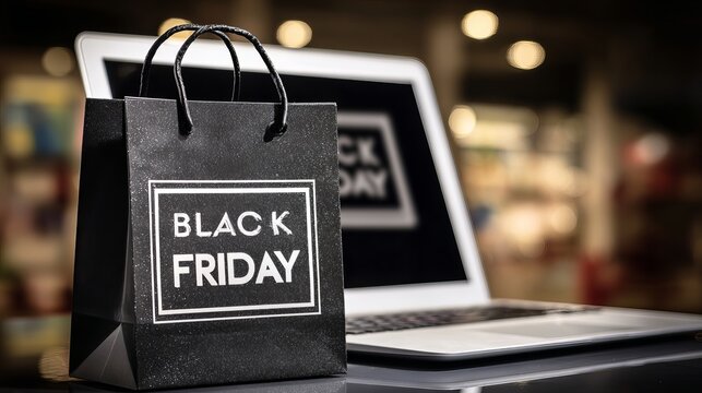 Black friday shopping concept featuring elegant paper bag and modern laptop on table with blurred background lights