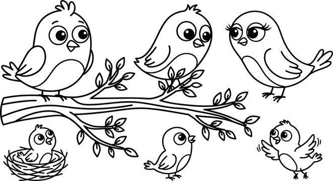 Cute cartoon birds line art illustration set featuring little birds on a branch, a chick in a nest, and flying fledglings for children coloring books.