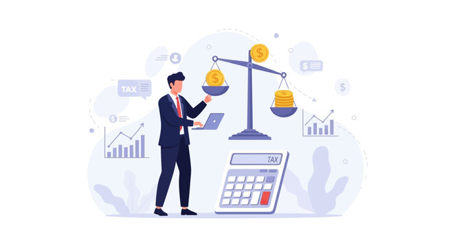 Man with laptop balances coins on scales, calculator and charts represent financial planning, tax calculation, and business growth.