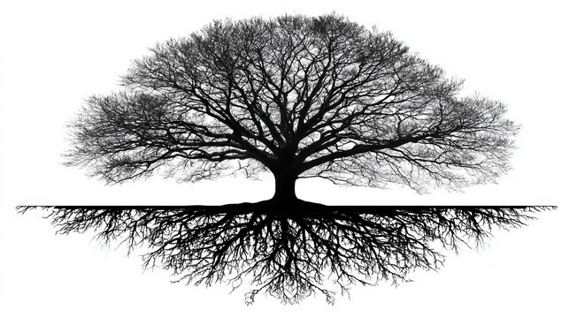 Majestic large deciduous tree silhouette displaying intricate bare branches and extensive underground root system isolated on white