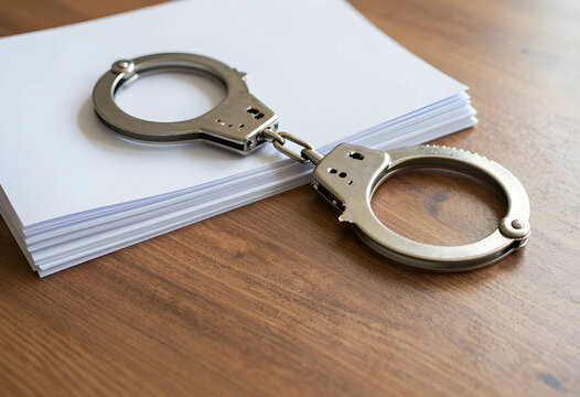 Criminal justice and legal system, metal handcuffs resting on a stack of white paper documents on a wooden desk law enforcement and crime
